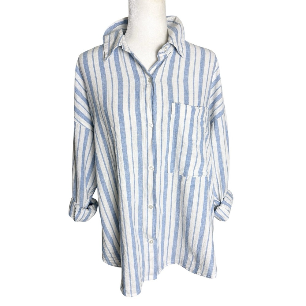 Vintage Abercrombie &‎ Fitch Top  Womens  Size L Blue Striped Linen  Oversized - Picture 4 of 10